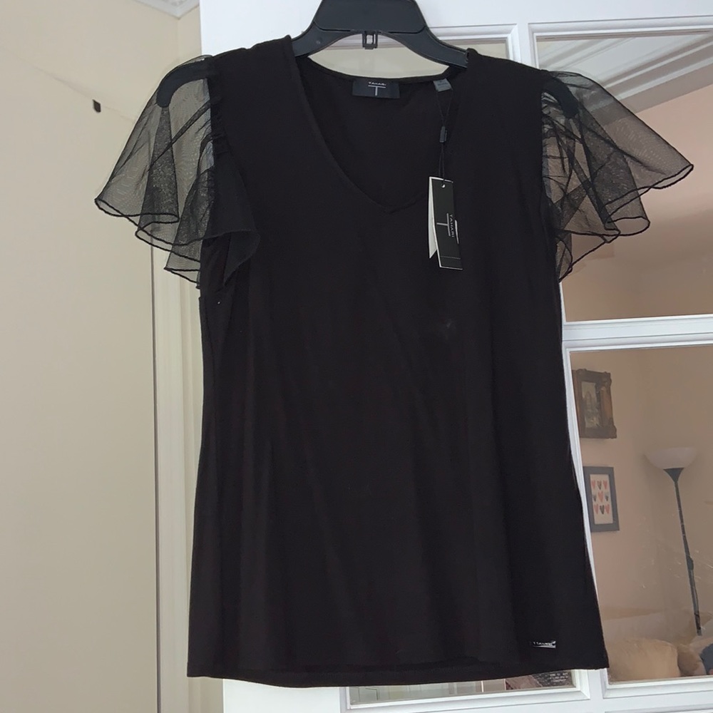 Tahari statement tulle short sleeve black v neck top super soft material NWT
